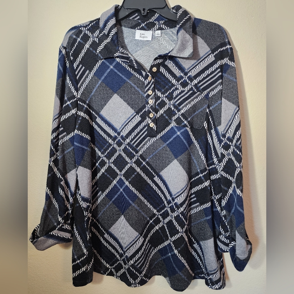 LIKE NEW Kim Rogers Women's 3/4 Sleeve Johnny Collar Button Up Top